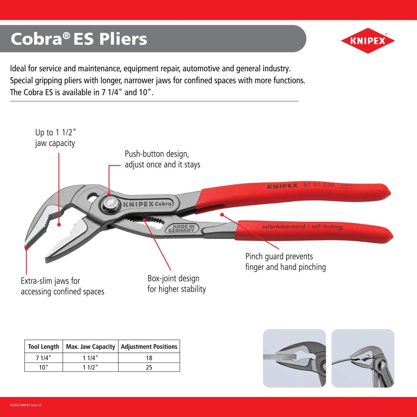 KNIPEX Tools 87 51 180 Cobra® ES Water Pump Pliers, 7-1/4" | bike-hand-tools
