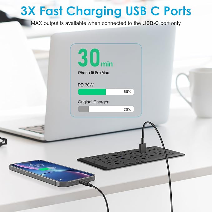 30W Recessed Power Strip USB C, Desk Flush Mount Outlet Plug in 6 AC & 8 USB - Image 4