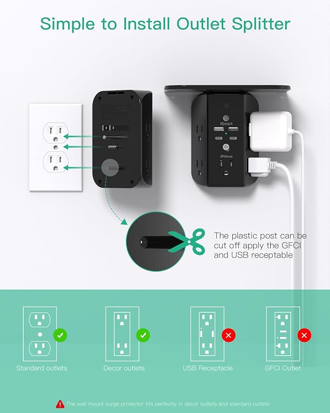 Wall Outlet Extender with Shelf and Night Light, Surge Protector, USB Wall - Image 6