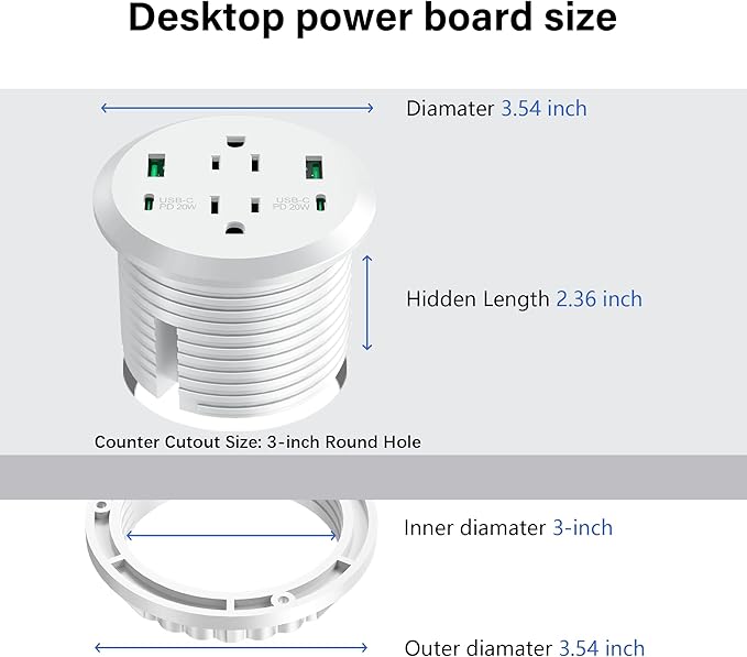 Desktop Power Grommet 3-inch Hole, 40W Total Fast Charging Station, 2 PD 20W - Image 5