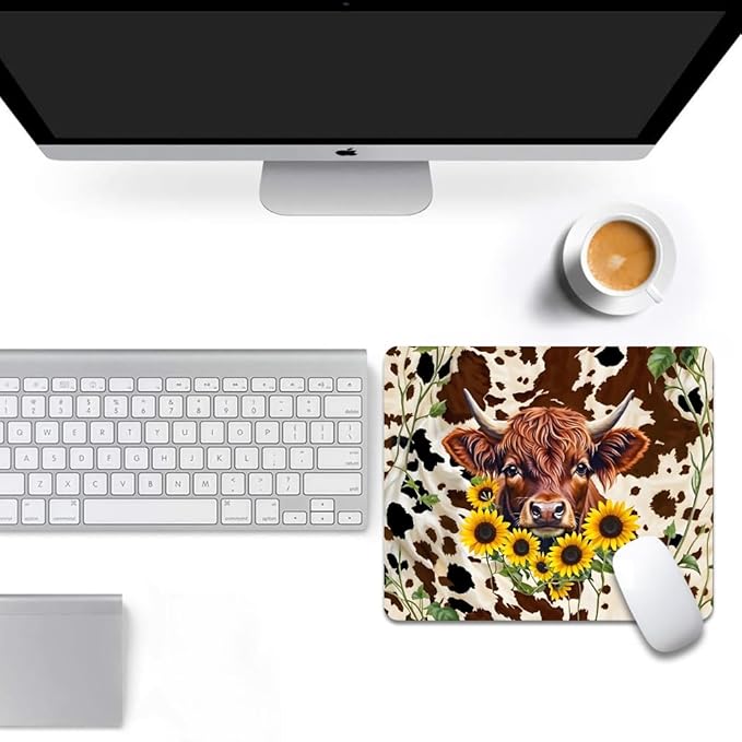 Western Highland Cow Sunflowers and Cowhide Brown Square Mouse pad, Waterproof - Image 6