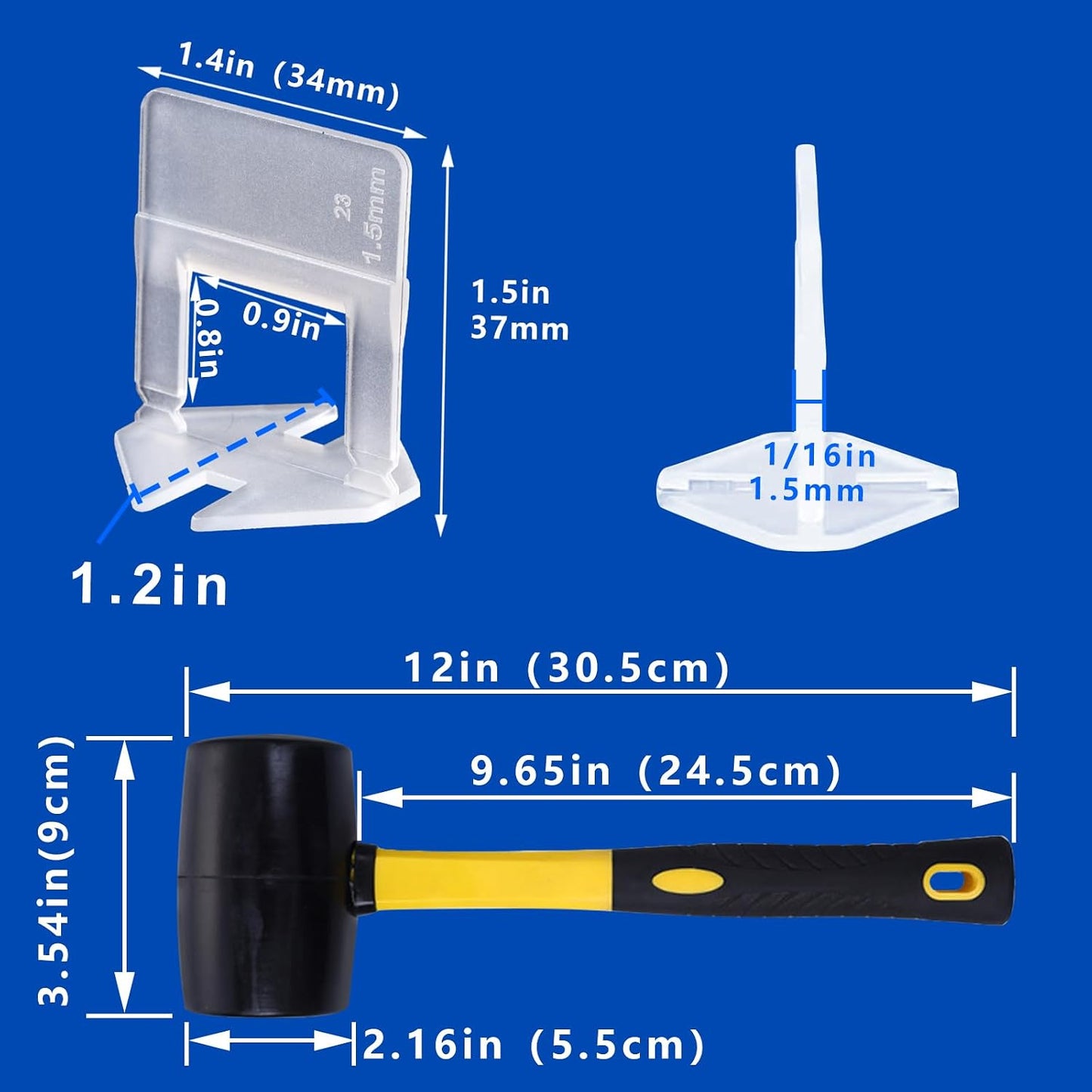 Tile Leveling System Clips Tiles Leveler Spacers Tile Clips 1/16 inch Tile Spacer 6500 Piece and 16 oz Rubber Mallet Hammer .Tile Tools Set for Professional Ceramic and Stone Installation