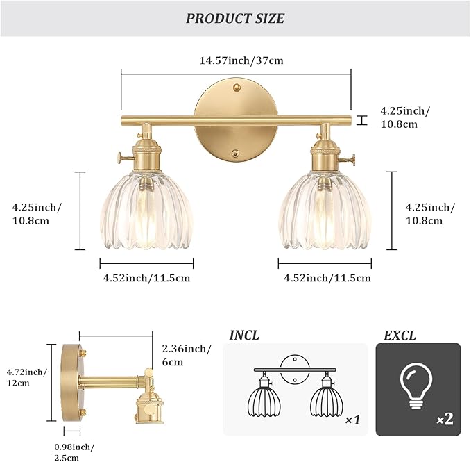 Shenmoyl Bathroom Light Fixtures, 2-Light Brass Vanity Wall Light Over Mirror - Image 5