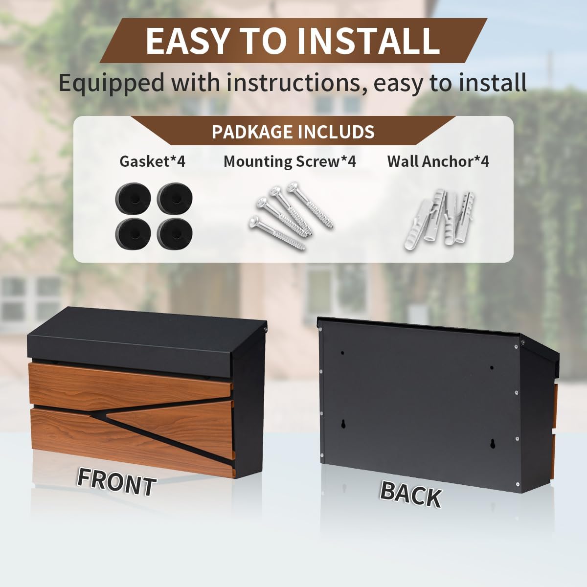 Ydocabinit Wall Mount Mailbox, Large Capacity Mailbox for House, Galvanized Steel Rust-Proof Metal Post Box Drop， Mailboxes for Outside, 15.74"×9.84"×4.33", Black Wooden Patterned Metal Sheet