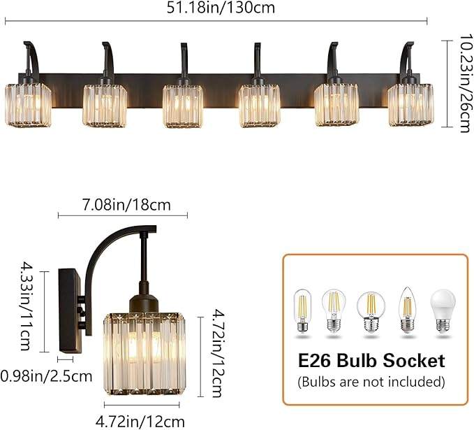 FDPBY Crystal Vanity Lights 6-Light Black Bathroom Vanity Lights Modern Crystal - Image 4