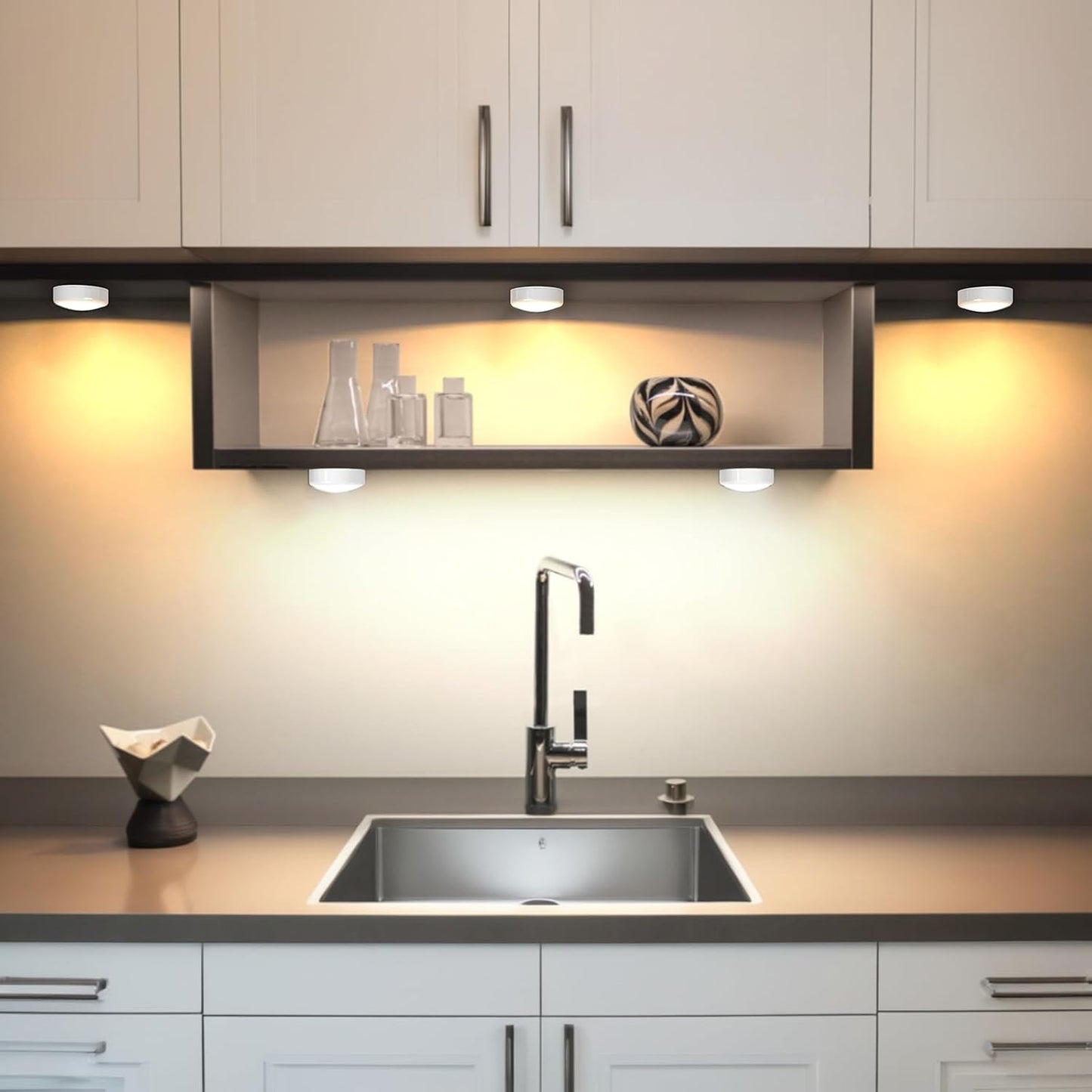 HELPLEX LED Puck Lights with Remote, 6 Pack Color Changing RGBW Stick-On Light, Battery Powered, Dimmable Under Cabinet Lighting with Timer & Memory, Wireless Push Lights for Kitchen & Closet