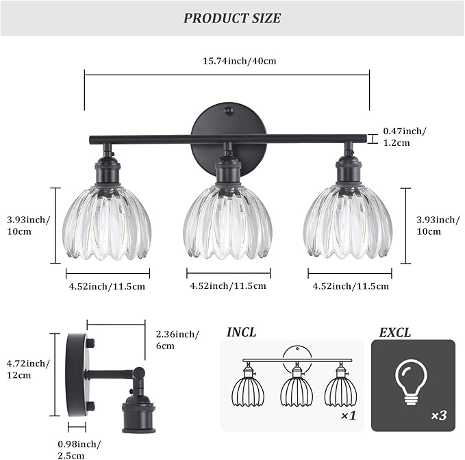 Shenmoyl Bathroom Light Fixtures, 3-Light Black Vanity Wall Light Over Mirror - Image 5