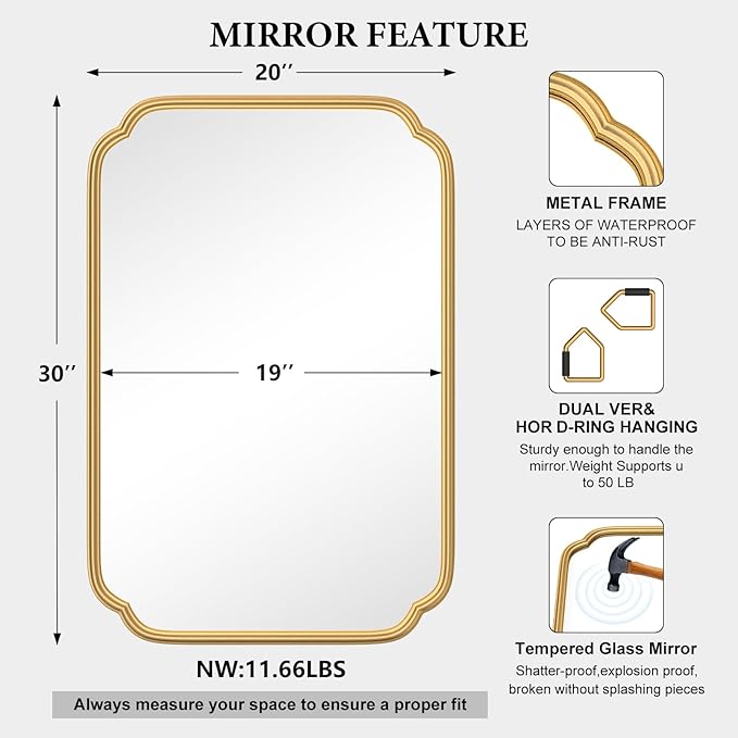 Gold Bathroom Mirror for Wall 20" x 30" Modern Rounded Corner Rectangle Mirror - Image 5