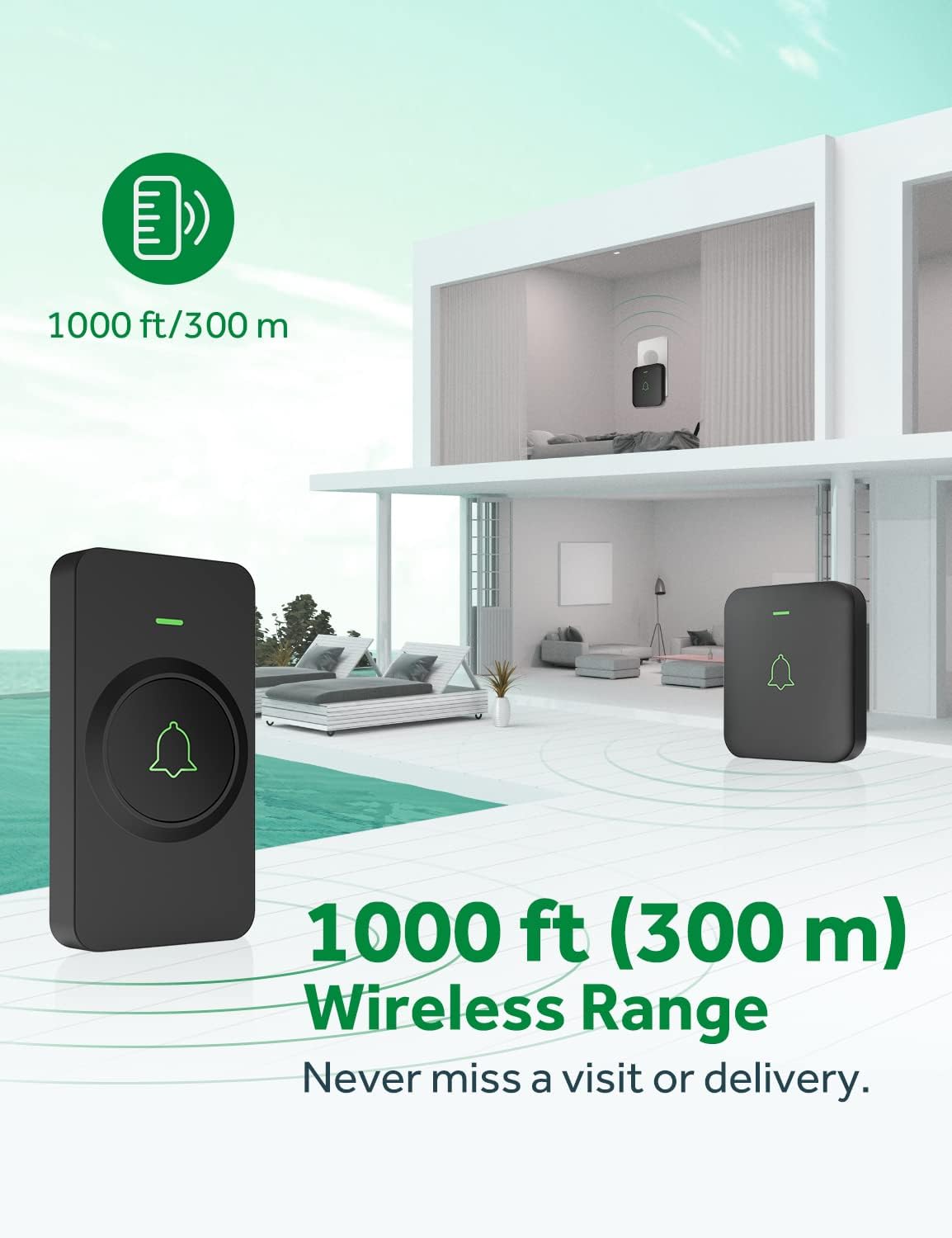 AVANTEK Wireless Doorbell, 1000 ft Range, 2 Buttons + 1 Receiver, Black | 115 dB Volume, LED Flash, Different Chimes per Button, IP55 Waterproof, 3-Year Battery, No Wi-Fi