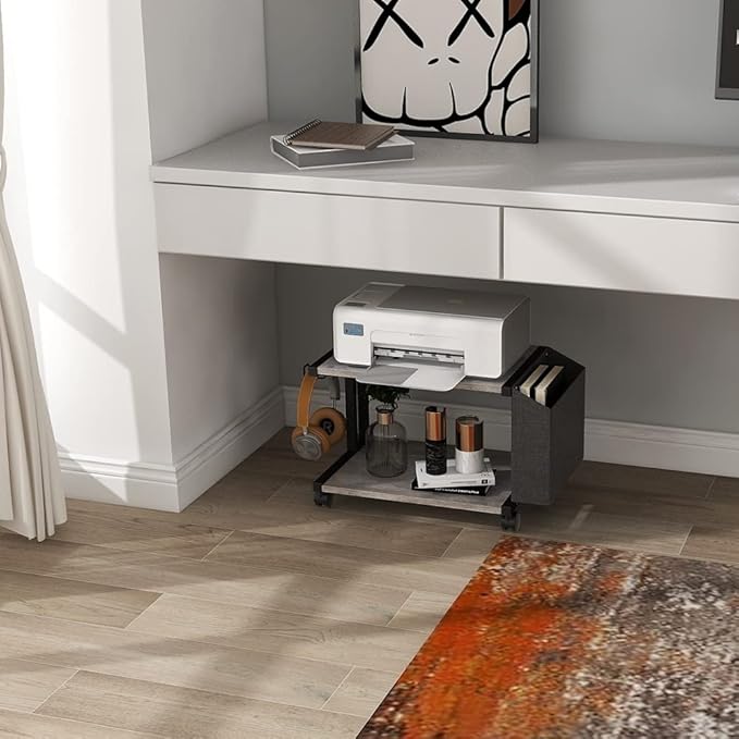 VEDECASA 2 Tier Vintage Greige Wooden Under Desk Printer Stand - Image 3