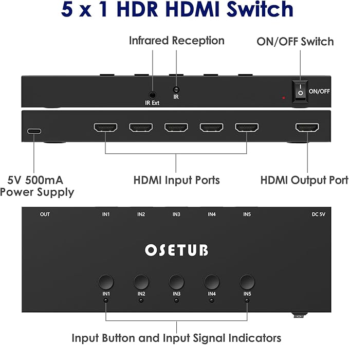 4K@60Hz 5 in 1 Out HDMI Switch, 5 Port HDMI Switcher Selector Support HDR10 & - Image 2