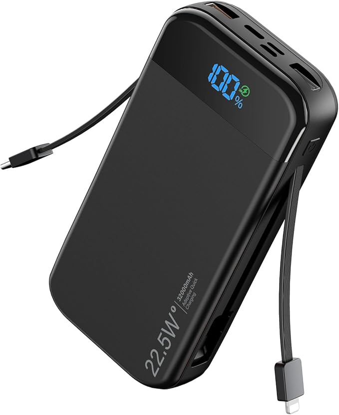LENGSUM Portable Charger Power Bank Built-in Cables, 32000mAh 22.5W USB C Fast by LENGSUM