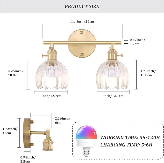 Shenmoyl Battery Operated Bathroom Light Fixtures, 2-Light Brass Vanity Wall - Image 6