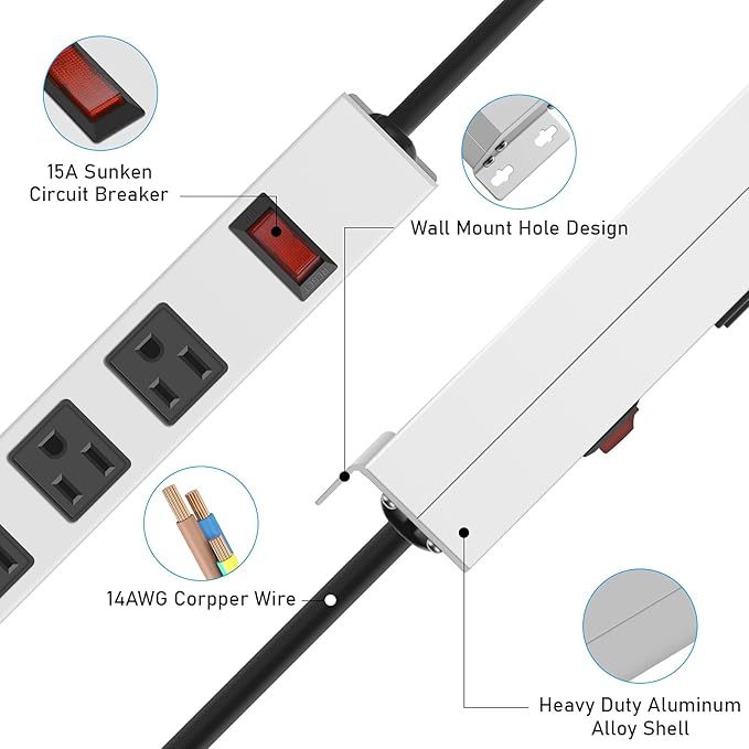 JUNNUJ Metal 12 Outlet Power Strip, Mountable Heavy Duty Power Strip, 1200J - Image 4
