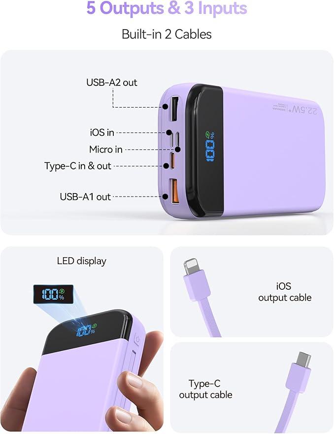 LENGSUM Portable Charger Power Bank Built-in Cables, 32000mAh 22.5W USB C Fast - Image 4