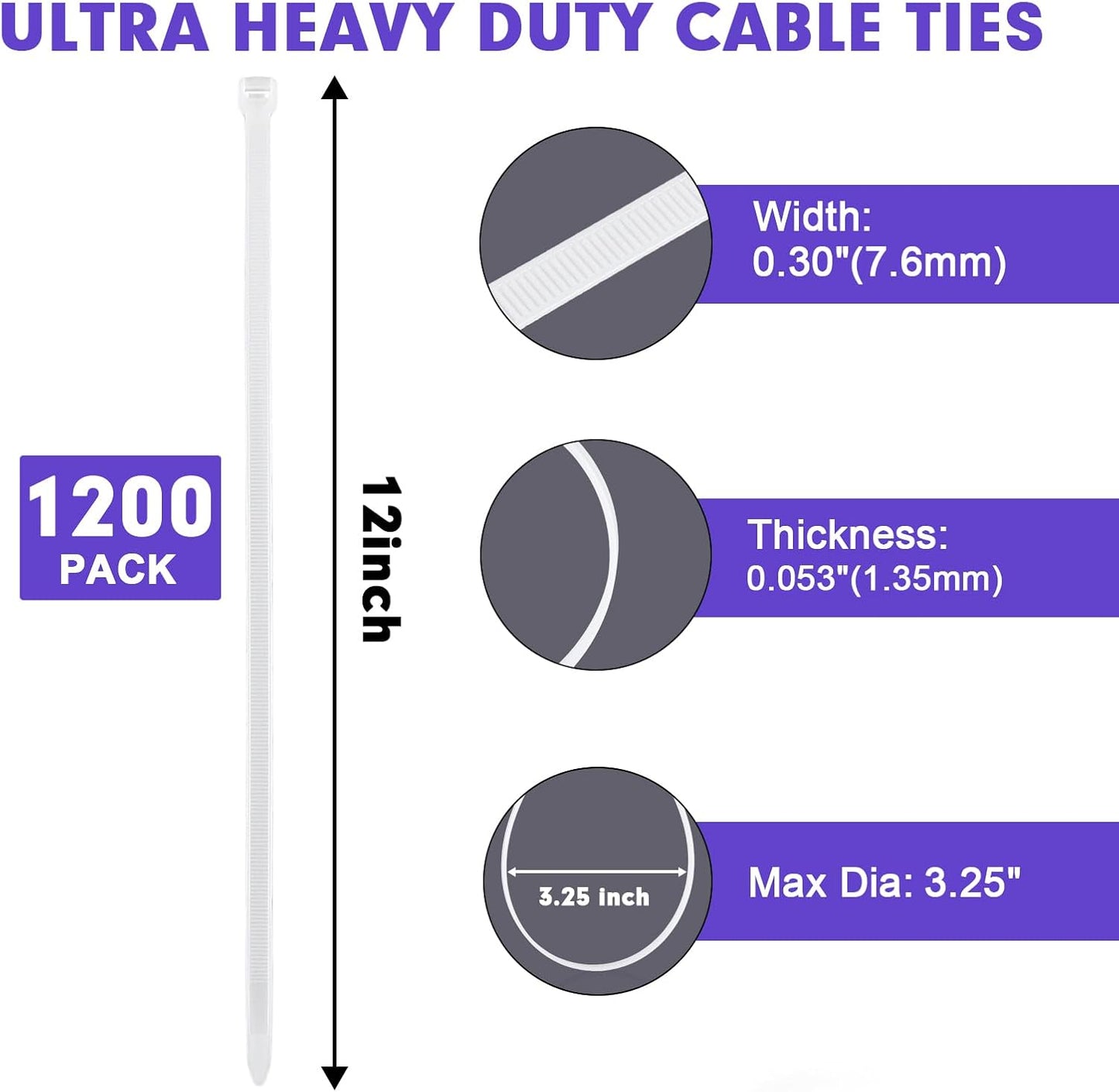 Zip Ties, RAZCC 1200pcs White Cable Zip Ties 12 Inch, Heavy Duty Plastic Wire Ties with 100lb Tensile Strength, Self-Locking White Nylon Tie Wraps for Indoor and Outdoor