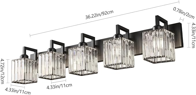 FDPBY Black Bathroom Light Fixture, 5-Light Crystal Vanity Lighting, Bathroom - Image 4