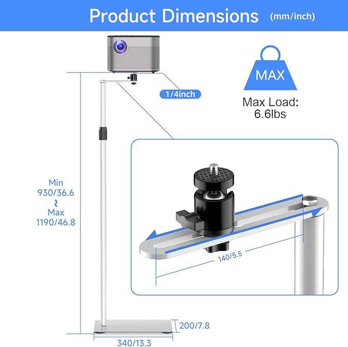 suptek Projector Stand Against Wall Hidden Stand, 360°Swivel, Height Adjustable - Image 7