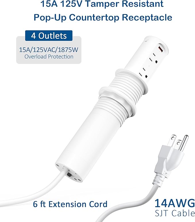 2.5 inch Hole Pop up Outlet for Countertop, 20W USB C, 4 USB Ports, 4 Outlets - Image 5