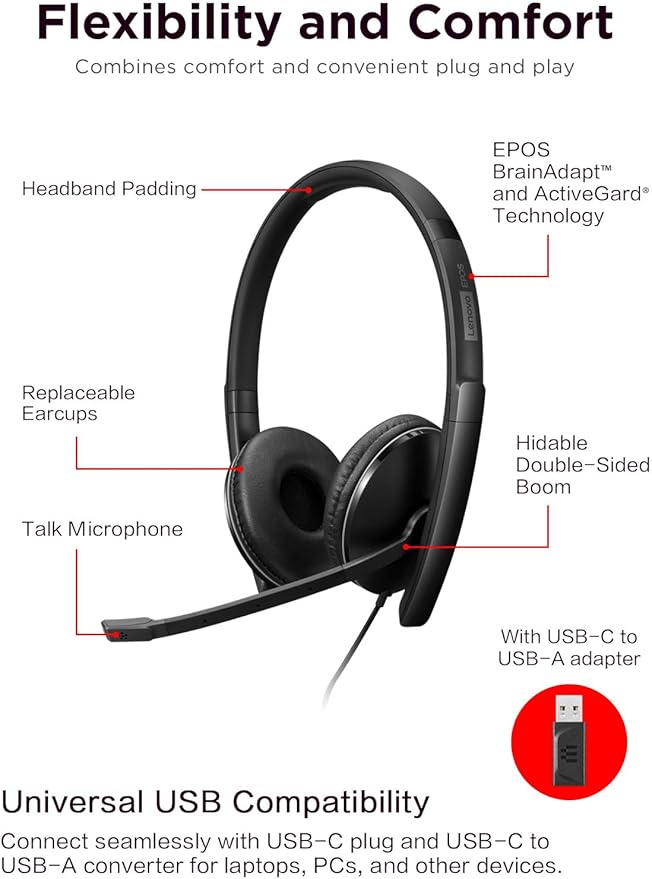 Lenovo Wired ANC Headset, USB-C and USB-A connectivity, Zoom Certified - Image 6