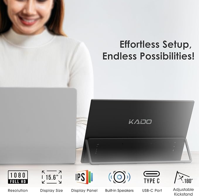 Kado 15.6" Full HD Portable Monitor, Second Display IPS 1920x1080 HDMI USB-C - Image 2