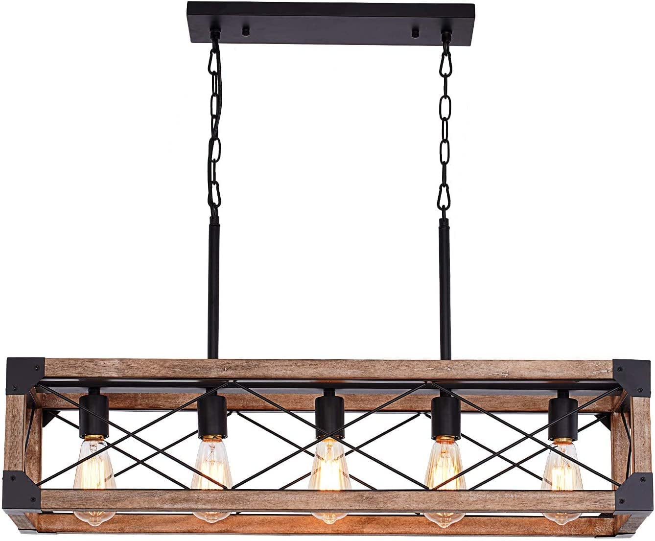 Kitchen Island Lighting, 33.5-Inch 5 Lights Farmhouse Linear Chandelier for Dining Room Pool Table Pendant Light Fixture, Rustic Wood Grain Finish, Industrial Pendant Light