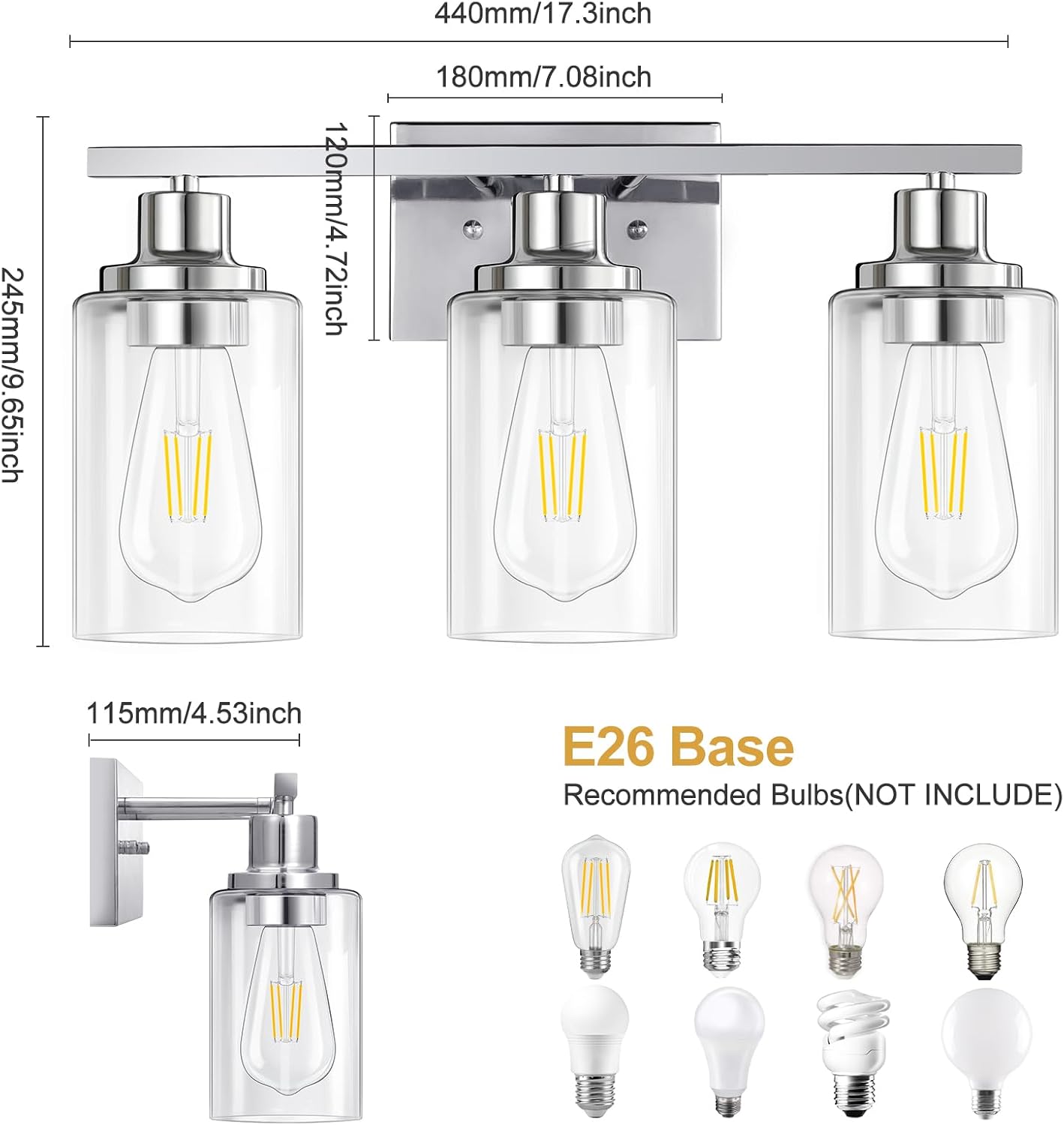 3 Light Vanity Light Fixtures, Polished Chrome Bathroom Wall Sconces, Modern Wall Lights with Clear Glass Shades, Bathroom Wall Lamp over Mirror Kitchen Bedroom Living Room Hallway Cabinet Porch