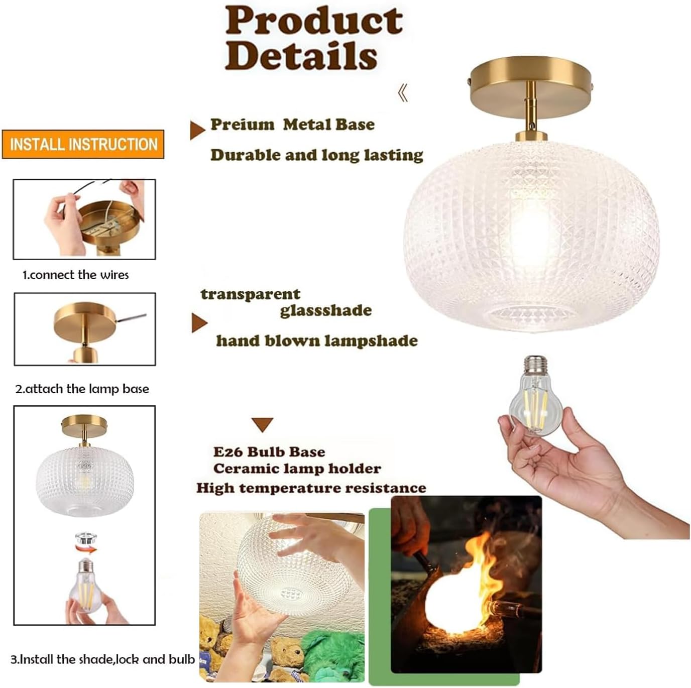 Gold Semi Flush Mount Ceiling Light Fixture,Hallway Light Fixtures,Vintage Ceiling Light Fixture,Globe Glass Ceiling Fixture,Adjustable Hanging Lighting for Bathroom Entryway Bedroom