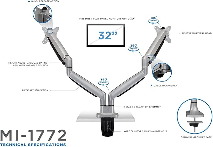 Mount-It! Dual Monitor Arm Mount Desk Stand Two Articulating Gas Spring Height - Image 8