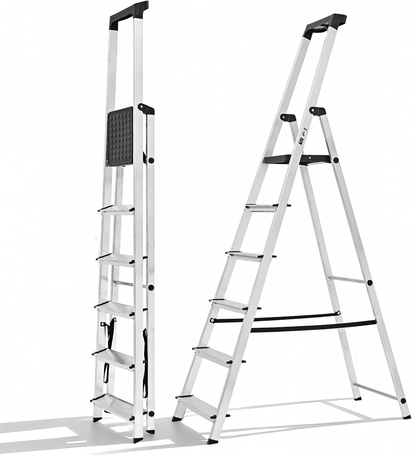 NEWBULIG 6-Step Platform Ladder, 330LB Heavy Duty Aluminum Folding Step Stool with Textured Anti-Slip & Safety Handrail, Multi-Use Household Ladder for Kitchen, Garage, Courtyard Indoor/Outdoor