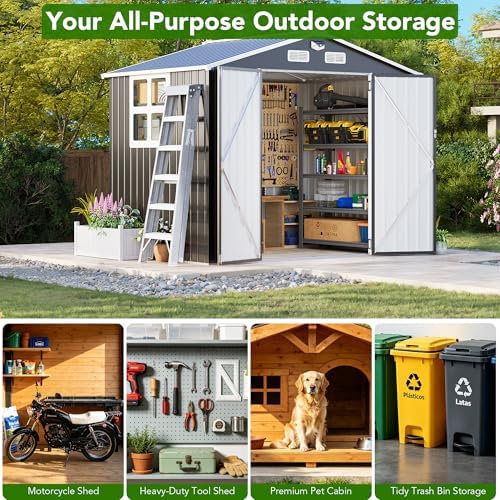 mxv 8 x 6ft outdoor storage shed, metal, front angle view