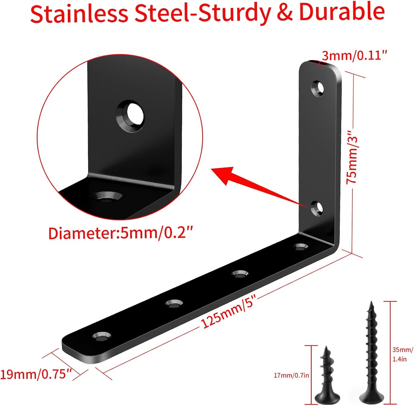 Heavy Duty L Bracket, 5 x 3 Inch Corner Brace, Black, 4 Pack | 3mm Thick Stainless Steel, 35 LB Load Capacity, Precision 90° Angle, Easy Installation, Includes Hardware