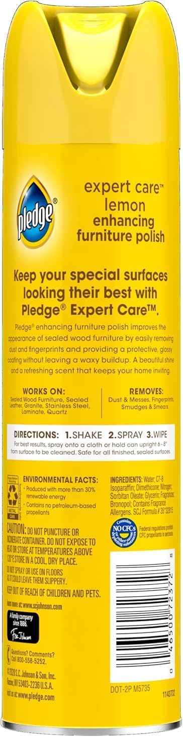 Pledge Enhancing Polish Spray, Wood Furniture & Stainless Steel Polish, Remove Dust and Fingerprints, Fast Shine and Protect, Prevent Scratches & Knicks - Lemon Scent, 9.7oz