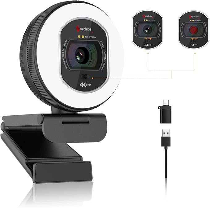 Angetube 4K Webcam with Light for PC: UHD 4K, TOF Auto Focus, Dual AI by Angetube
