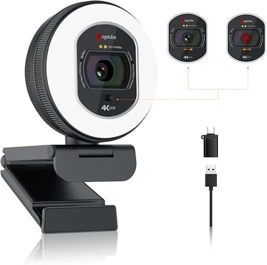 Angetube 4K Webcam with Light for PC: UHD 4K, TOF Auto Focus, Dual AI by Angetube
