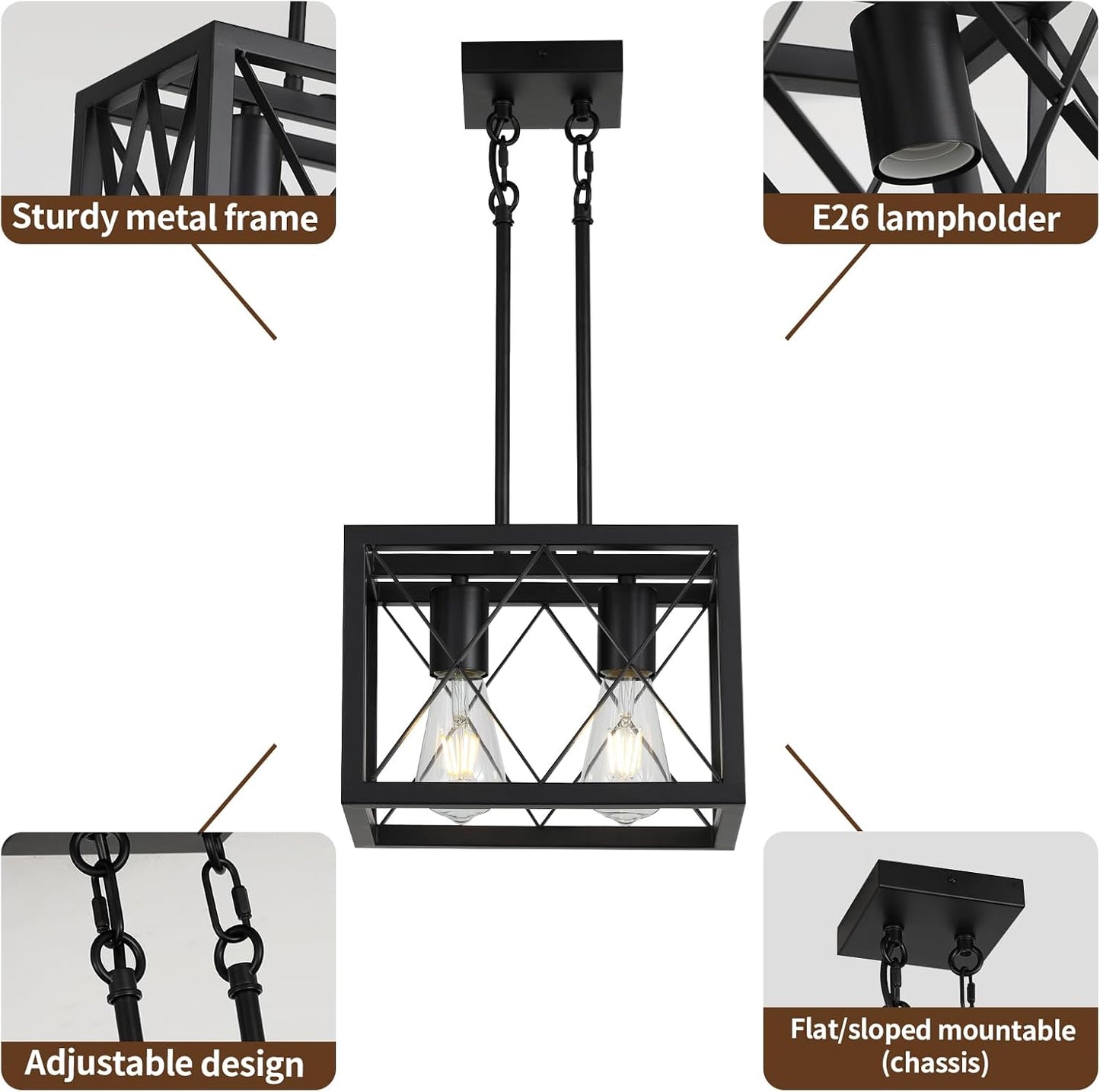 KEESFU Black Farmhouse Pendant Light, 2 Lights Small Kitchen Lighting Fixtures, Adjustable Height, Industrial Dining Room Light for Living Room Foyer Dining Table Over Sink.