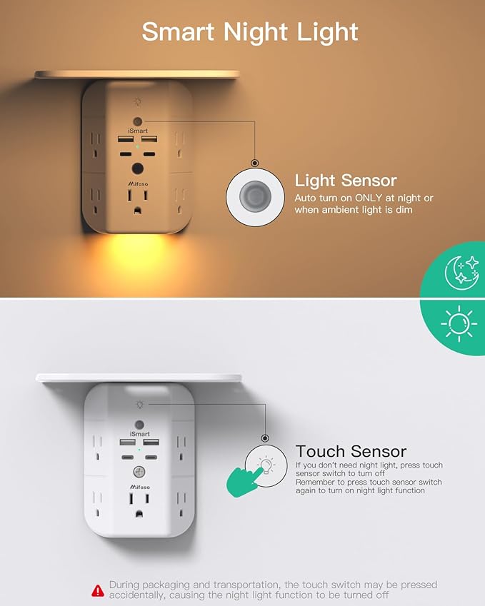 Wall Outlet Extender with Shelf and Night Light, Surge Protector, USB Wall - Image 3