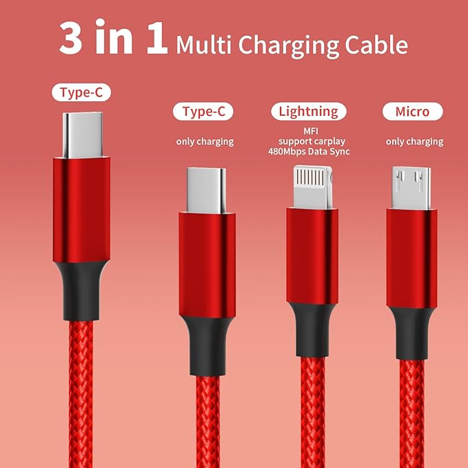 USB C Multi Charging Cable, 3 in 1 Charging Cable Nylon Braided Universal - Image 2