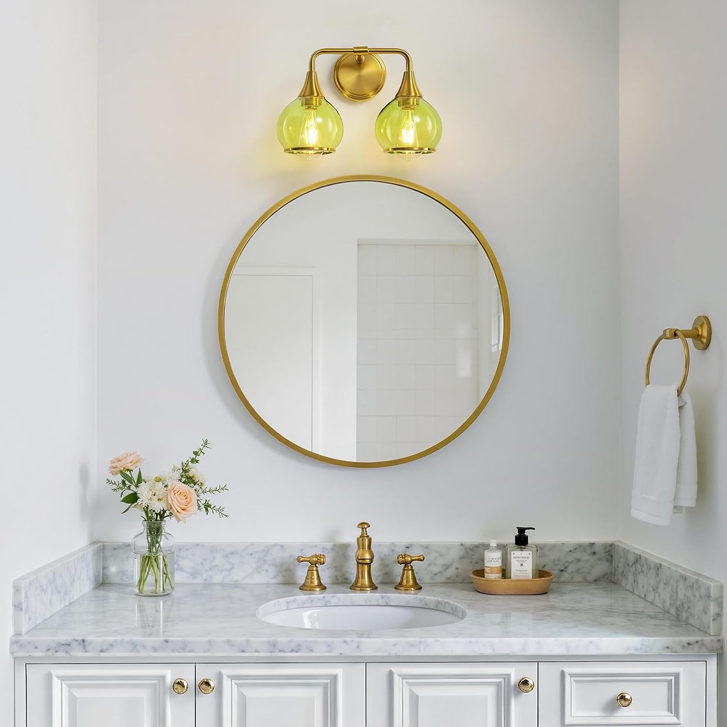 Brushed Gold Bathroom Vanity Light 2-Lights Bathroom Light Fixtures Over Mirror with Green Clear Glass Shade 14 inch Wall Sconce Lighting Bath(Exclude E26 Bulb)