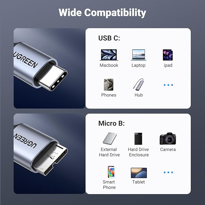 UGREEN 10 Gbps Micro B to USB C Hard Drive Cables, 1.5FT USB C to Micro B - Image 6