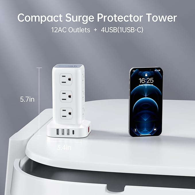 16.5FT Long Extension Cord, Power Strip Tower Surge Protector Power Strip - Image 6