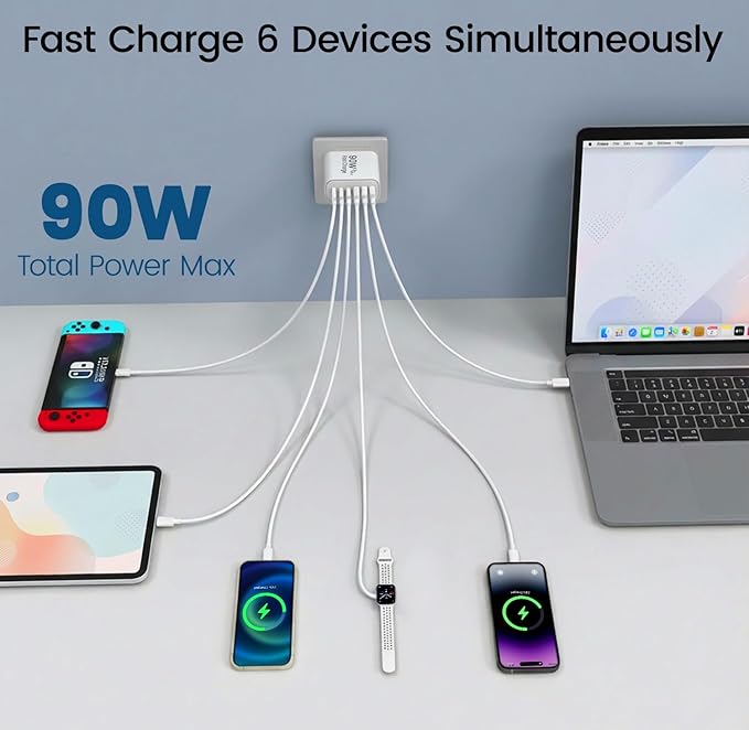 90W GaN USB C Charger Block, 6-Port USB C Wall Charger Fast Charging 45W PD - Image 2