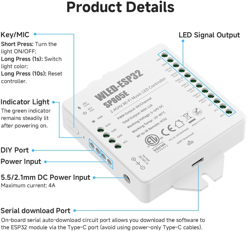 BTF-LIGHTING SP805E WLED Controllers 2.4GHz RF RW4 Remote Kit,DC5V/12V/24V | RF Remote, DIY Effect Save, Support FCOB COB SMD PWM or SPI Dim CCT RGB RGBW LED Strip WS2811 WS2812B WS2814 WS2815 SK6812