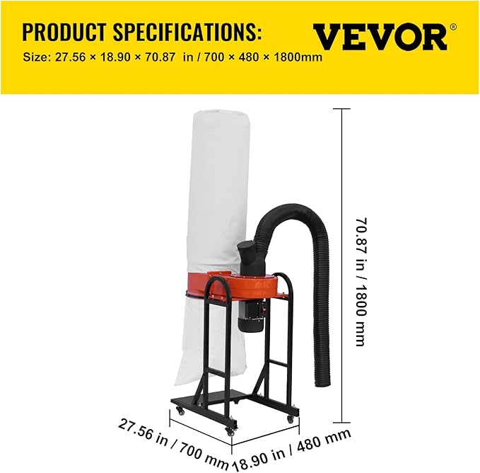 VEVOR 1.5 HP Dust Collector, 716 CFM, Portable Vortex Dust Collector, - Image 7