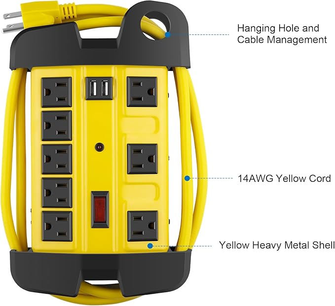 Heavy Duty Power Strip with USB, Workshop 8 Outlet Surge Protector 2700 Joules - Image 6