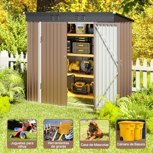 metal garden shed, 2 lockable doors, ventilated, for shown in use