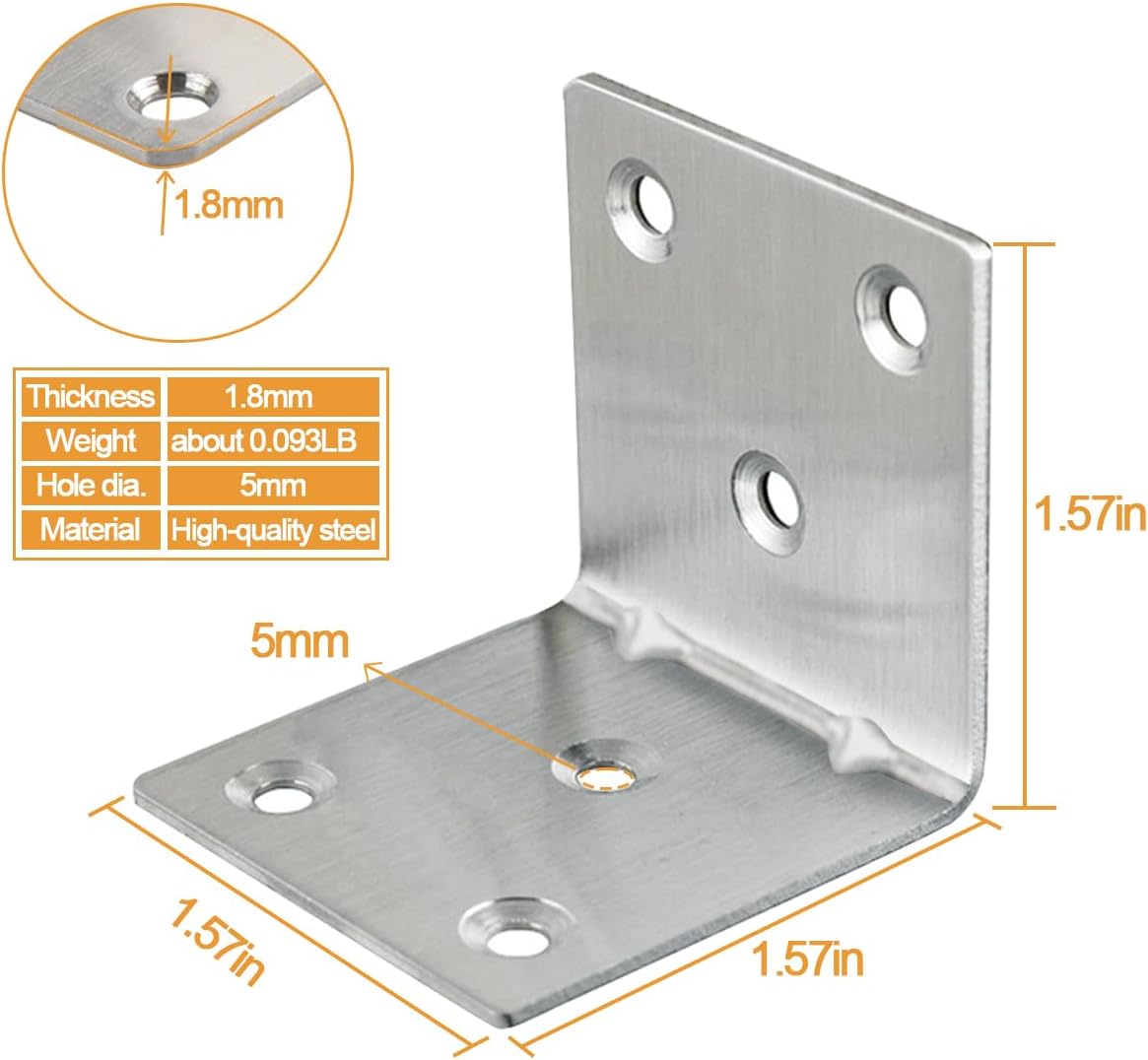 20PCS L Brackets Corner Bracket 1.5"x1.5"x1.5", Heavy Duty Corner Brace for Wood, Right Angle Brackets, 40MM 1.5Inch Wide 90 Degree Bracket for Wooden Frame Furniture Shelves Chairs