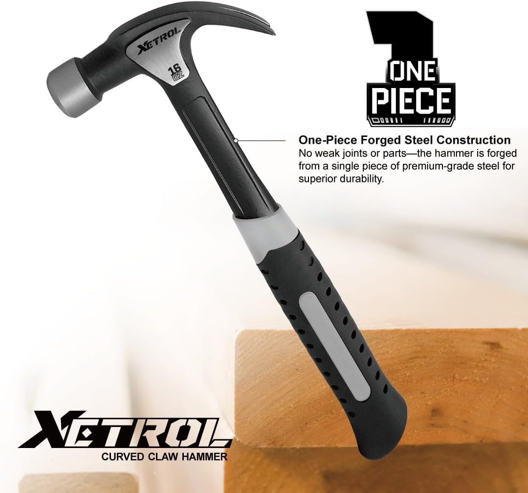 Steel Curved Claw Hammer 16oz, Solid One Piece Steel Heavy Duty Curved Hammer, Shock-Absorbing Handle Design, Ergonomic Comfortable Grip, Enhanced Leverage for Nail Pulling