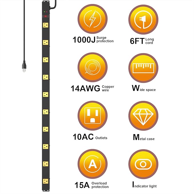 10 Outlet Surge Protector, Long Metal Wide Spaced Garage Industrial Power Strip - Image 2