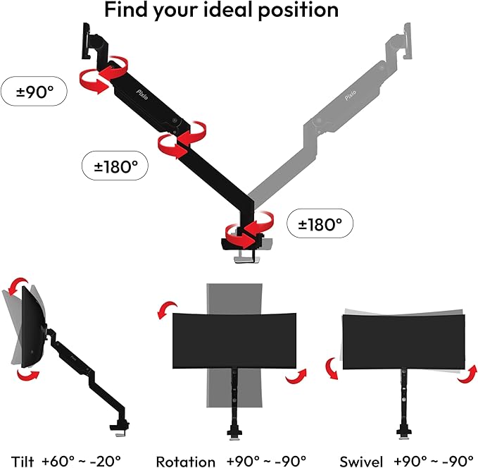 Pixio PS2S Titan Black Ultrawide Mega Heavy-Duty Premium Single Monitor Arm - Image 7